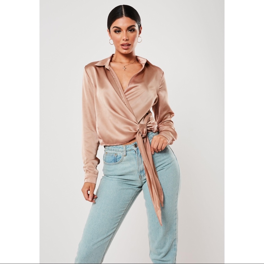 MISSGUIDED Bronze Satin Tie Side Blouse